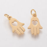 304 Stainless Steel Pendants, Hamsa Hand/Hand of Fatima/Hand of Miriam with Heart, Golden, 15x9.5x1mm, Hole: 4mm, 5pc/Set