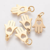 304 Stainless Steel Pendants, Hamsa Hand/Hand of Fatima/Hand of Miriam with Heart, Golden, 15x9.5x1mm, Hole: 4mm, 5pc/Set
