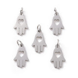 Non-Tarnish 304 Stainless Steel Pendants, Hamsa Hand/Hand of Fatima/Hand of Miriam with Heart, Stainless Steel Color, 15x9.5x1mm, Hole: 4mm, 5pc/Set