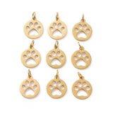 304 Stainless Steel Pendants, Flat Round with Dog Paw Prints, Golden, 14x12x1.1mm, Hole: 4mm, 10pc/Set