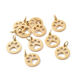 304 Stainless Steel Pendants, Flat Round with Dog Paw Prints, Golden, 14x12x1.1mm, Hole: 4mm, 10pc/Set