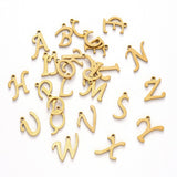 PVD Vacuum Plating 201 Stainless Steel Charms, Alphabet, Laser Cut, Golden, Letter A~Z, 10~14.5x4~14x1mm, Hole: 1mm, 26pcs/set.