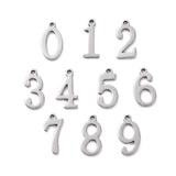 Tarnish Resistant 304 Stainless Steel Charms, Number 0~9, Stainless Steel Color, 15x5.5~8x1.5mm, Hole: 1.5mm, 10pcs/set