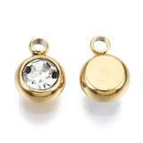 PVD Vacuum Plating 201 Stainless Steel Rhinestone Charms, Birthstone Charms, Flat Round, Real 18K Gold Plated, Mixed Color, 8.5x6x3mm, Hole: 1.5mm, 100pc/Set