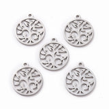 Non-Tarnish 201 Stainless Steel Pendants, Filigree Joiners Findings, Laser Cut, Flat Round with The Tree of Life, Stainless Steel Color, 17x14.5x1mm, Hole: 1.5mm, 5pc/Set
