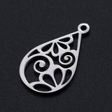 Non-Tarnish 201 Stainless Steel Pendants, Filigree Joiners Findings, Laser Cut, teardrop, with Flower, Stainless Steel Color, 22x13x1mm, Hole: 1.4mm, 5pc/Set