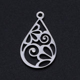 Non-Tarnish 201 Stainless Steel Pendants, Filigree Joiners Findings, Laser Cut, teardrop, with Flower, Stainless Steel Color, 22x13x1mm, Hole: 1.4mm, 5pc/Set