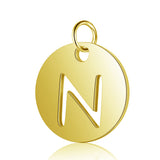 Ion Plating(IP) 304 Stainless Steel Charms, Flat Round with Letter, Golden, Letter.N, 12x1mm, Hole: 2.5mm, 5pcs/Set