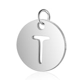 Non-Tarnish 304 Stainless Steel Charms, Flat Round with Letter, Stainless Steel Color, Letter.T, 12x1mm, Hole: 2.5mm, 5pc/Set