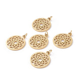 PVD Vacuum Plating 304 Stainless Steel Pendants, Chakra, Sahasrara, Flat Round with Flower, Golden, 22.5x19x1mm, Hole: 3mm, 5pcs/Set