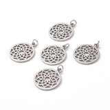 Non-Tarnish 304 Stainless Steel Pendants, Chakra, Sahasrara, Flat Round with Flower, Stainless Steel Color, 22.5x19x1mm, Hole: 3mm, 5pc/Set