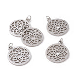 Non-Tarnish 304 Stainless Steel Pendants, Chakra, Sahasrara, Flat Round with Flower, Stainless Steel Color, 22.5x19x1mm, Hole: 3mm, 5pc/Set