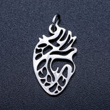 Non-Tarnish 201 Stainless Steel Pendants, Anatomical Organ Heart Shape, with Unsoldered Jump Rings, Stainless Steel Color, 20x12x1mm, Hole: 3mm, Jump Ring: 5x0.8mm, 5pc/Set