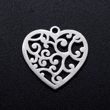 Non-Tarnish 201 Stainless Steel Pendants, Heart with Cirrus, Stainless Steel Color, 15.5x15.5x1mm, Hole: 1.2mm, 5pc/Set