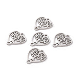 Tarnish Resistant 201 Stainless Steel Links connectors, Tree of Life with Heart, Stainless Steel Color, 17.5x15x1mm, Hole: 1.5mm, 5pc/Set