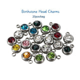 20Pcs 303 Stainless Steel Rhinestone Charms, Birthstone Necklace Charms, Flat Round, Stainless Steel Color, Mixed Color, 8.5x6x3mm, Hole: 1.5mm