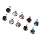 20Pcs 303 Stainless Steel Rhinestone Charms, Birthstone Necklace Charms, Flat Round, Stainless Steel Color, Mixed Color, 8.5x6x3mm, Hole: 1.5mm