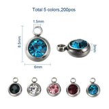 20Pcs 303 Stainless Steel Rhinestone Charms, Birthstone Necklace Charms, Flat Round, Stainless Steel Color, Mixed Color, 8.5x6x3mm, Hole: 1.5mm