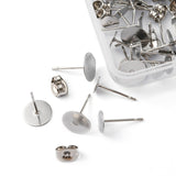 40Pcs 4 Size 304 Stainless Steel Stud Earring Findings, Flat Round Earring Settings, with 40Pcs Ear Nuts, Stainless Steel Color, 12x4~8mm, Pin: 0.6~0.8mm, 10Pcs/size