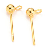 304 Stainless Steel Ball Post Stud Earring Findings, with Loop and 316 Surgical Stainless Steel Pin, Real 18k Gold Plated, 15x5x3mm, Hole: 1.5mm, Pin: 0.7mm, 200pc/Set