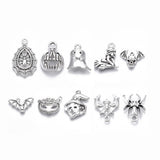 50 Pcs 10 Styles Halloween Theme Tibetan Style Alloy Pendants, Lead Free & Cadmium Free, Mixed Shapes, Antique Silver, 15~34.5x12~21x2.5~5.5mm, Hole: 1~2.5mm, 5pcs/style, 10 styles, 50pcs/set