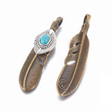 Tibetan Style Alloy Big Pendants, with Synthetic Turquoise, Feather, Antique Bronze, 65x15x8.5mm, Hole: 4x6mm, 5pc/Set