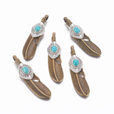 Tibetan Style Alloy Big Pendants, with Synthetic Turquoise, Feather, Antique Bronze, 65x15x8.5mm, Hole: 4x6mm, 5pc/Set