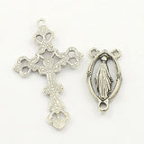 Link Chandelier Component Findings Center Piece Sets, Alloy Crucifix Cross Pendants and Virgin Links, For Easter Rosary Necklace Making, Lead Free, Antique Silver, Links: 13x25x3mm, Hole: 2mm, Cross: 26x43.5x3mm, Hole: 2mm, 10Sets/Pack