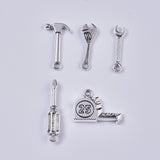 Tools Theme, Tibetan Style Alloy Pendants, for DIY Jewelry Making, Screwdriver, Tape, Wrench, Hammer, Antique Silver