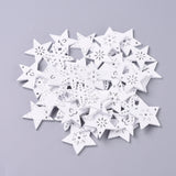 Natural Poplar Wood Pendants, Spray Painted, for Christmas, Star, White, 26.5~30x30~31x2.5mm, Hole: 2mm, 50pcs/Set