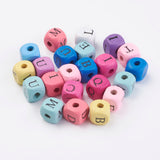 Natural Wood Printed Beads, Horizontal Hole, Dyed, Cube with Initial Letter, Mixed Color, 10x10x10mm, Hole: 3~4mm, about 1060pcs/500g