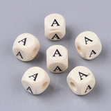 Printed Natural Wood Beads, Horizontal Hole, Cube with Initial Letter, PapayaWhip, Random Mixed Letters, 10x10x10mm, Hole: 3.5mm, about 1000pcs/500g