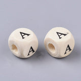 Printed Natural Wood Beads, Horizontal Hole, Cube with Initial Letter, PapayaWhip, Random Mixed Letters, 10x10x10mm, Hole: 3.5mm, about 1000pcs/500g