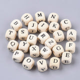 Printed Natural Wood Beads, Horizontal Hole, Cube with Initial Letter, PapayaWhip, Random Mixed Letters, 10x10x10mm, Hole: 3.5mm, about 1000pcs/500g