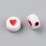 Opaque Acrylic Beads, Flat Round with Heart, Red, 7x4mm, Hole: 1.8mm, 380pcs/50g