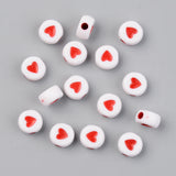 Opaque Acrylic Beads, Flat Round with Heart, Red, 7x4mm, Hole: 1.8mm, 380pcs/50g