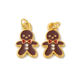 Alloy Enamel Pendants, Cadmium Free & Lead Free, with Rhinestone, Lovely Christmas Gingerbread Man, Nice for Holiday Jewelry Making, Golden Color, Brown, about 11mm wide, 22mm long,1.5mm thick, hole:3mm, 10pc/Set