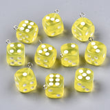 Epoxy Resin Pendants, with Platinum Plated Iron Loop, Cube with Dice, Mix Style, Mixed Color, 23x19x19mm, Hole: 2mm, 10pc/Set