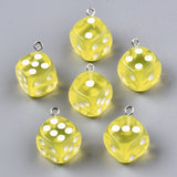 Epoxy Resin Pendants, with Platinum Plated Iron Loop, Cube with Dice, Mix Style, Mixed Color, 23x19x19mm, Hole: 2mm, 10pc/Set