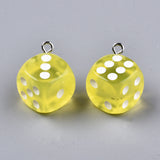 Epoxy Resin Pendants, with Platinum Plated Iron Loop, Cube with Dice, Mix Style, Mixed Color, 23x19x19mm, Hole: 2mm, 10pc/Set