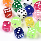 Epoxy Resin Pendants, with Platinum Plated Iron Loop, Cube with Dice, Mix Style, Mixed Color, 23x19x19mm, Hole: 2mm, 10pc/Set