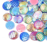 Resin Cabochons, AB Color Plated, Flat Round with Mermaid Fish Scale Pattern, Mixed Color, 12x3.5mm, 50pc/Set