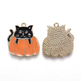 Autumn Theme Alloy Enamel Pendants, Black Cat with Orange Pumpkin, Light Gold, 21x20x1.5mm, Hole: 1.6mm, 5pc/Set