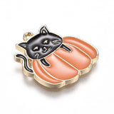 Autumn Theme Alloy Enamel Pendants, Black Cat with Orange Pumpkin, Light Gold, 21x20x1.5mm, Hole: 1.6mm, 5pc/Set