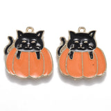 Autumn Theme Alloy Enamel Pendants, Black Cat with Orange Pumpkin, Light Gold, 21x20x1.5mm, Hole: 1.6mm, 5pc/Set