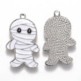 Halloween Theme Alloy Enamel Pendants, White Mummy Shape, Platinum, 26.5x16x1.5mm, Hole: 1.6mm, 5pc/Set