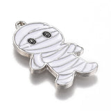 Halloween Theme Alloy Enamel Pendants, White Mummy Shape, Platinum, 26.5x16x1.5mm, Hole: 1.6mm, 5pc/Set