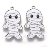 Halloween Theme Alloy Enamel Pendants, White Mummy Shape, Platinum, 26.5x16x1.5mm, Hole: 1.6mm, 5pc/Set