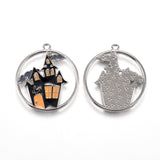 Halloween Theme Alloy Enamel Pendants, Flat Round with Black Castle, Platinum, 24x22x1.5mm, Hole: 1.6mm, 5pc/Set