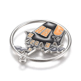 Halloween Theme Alloy Enamel Pendants, Flat Round with Black Castle, Platinum, 24x22x1.5mm, Hole: 1.6mm, 5pc/Set